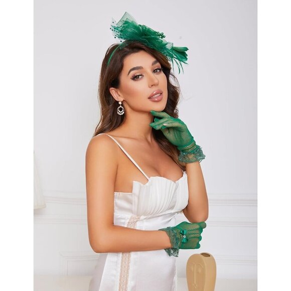 Women Lace Mesh Fascinator Hat and Gloves Set Wedding Party Accessories main image 5